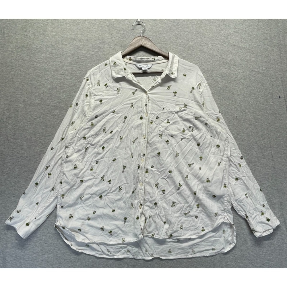 Old Navy The Classic Shirt Womens 2XL White Allover Potted Plant Print Button Up